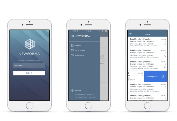 Newforma mobile app showing login screen, navigation menu, and project inbox with swipe-to-file on three devices