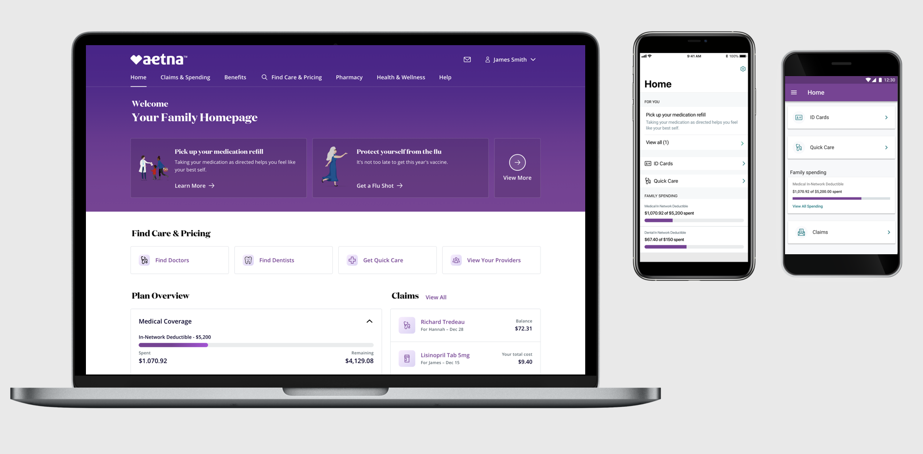 Aetna Health platform shown across laptop, tablet, and mobile devices with purple-branded member experience