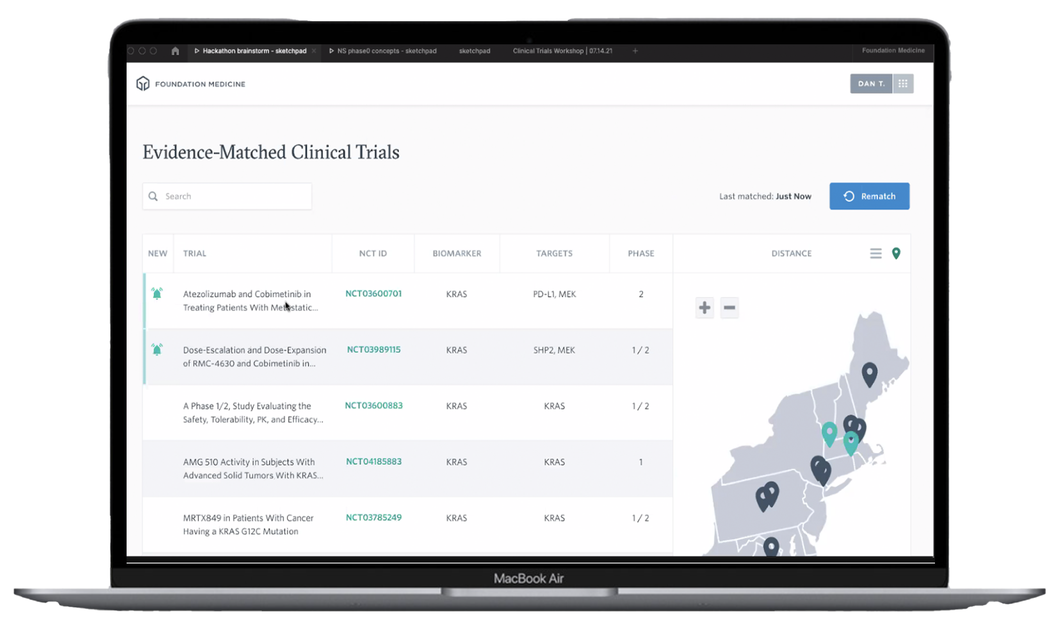 Evidence-Matched Clinical Trials with biomarker data and geographic map