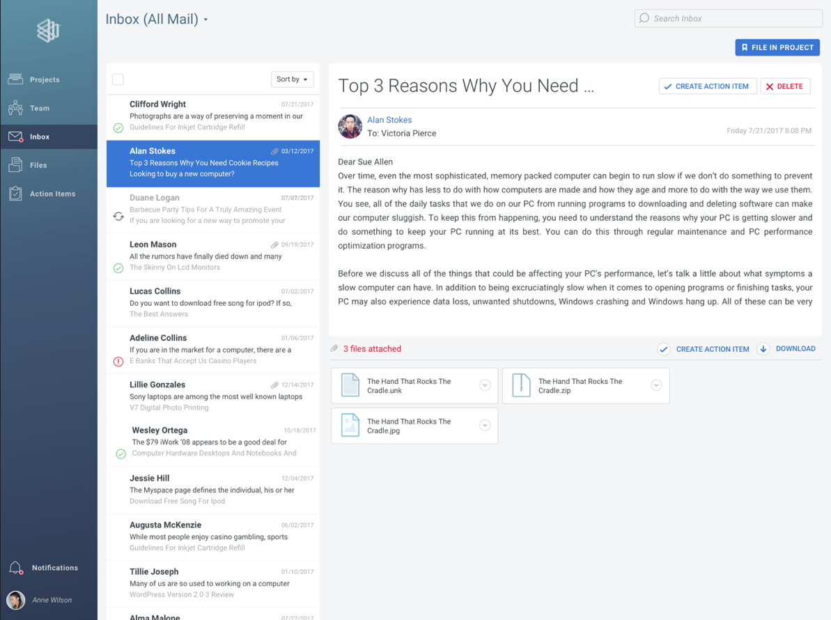 Newforma desktop Project Inbox showing centralized email management with project filing and team collaboration tools