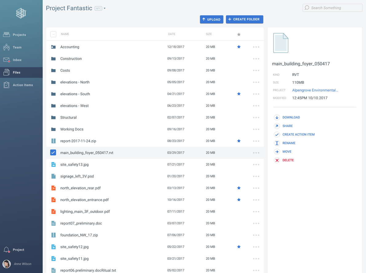 Newforma desktop File Management showing folder structure, file details, and project actions