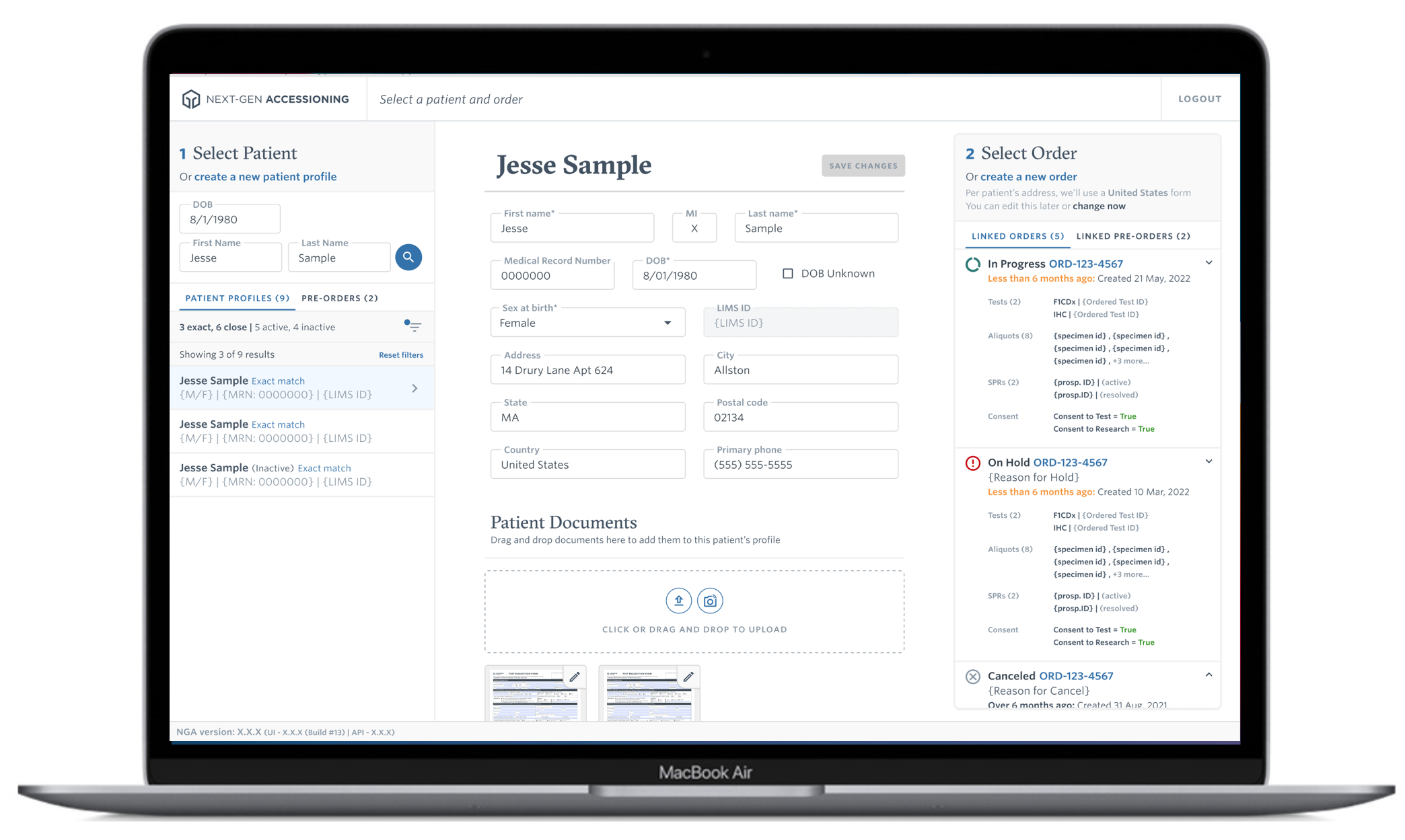 Next-Gen Accessioning platform showing patient search, profile management, and order linking