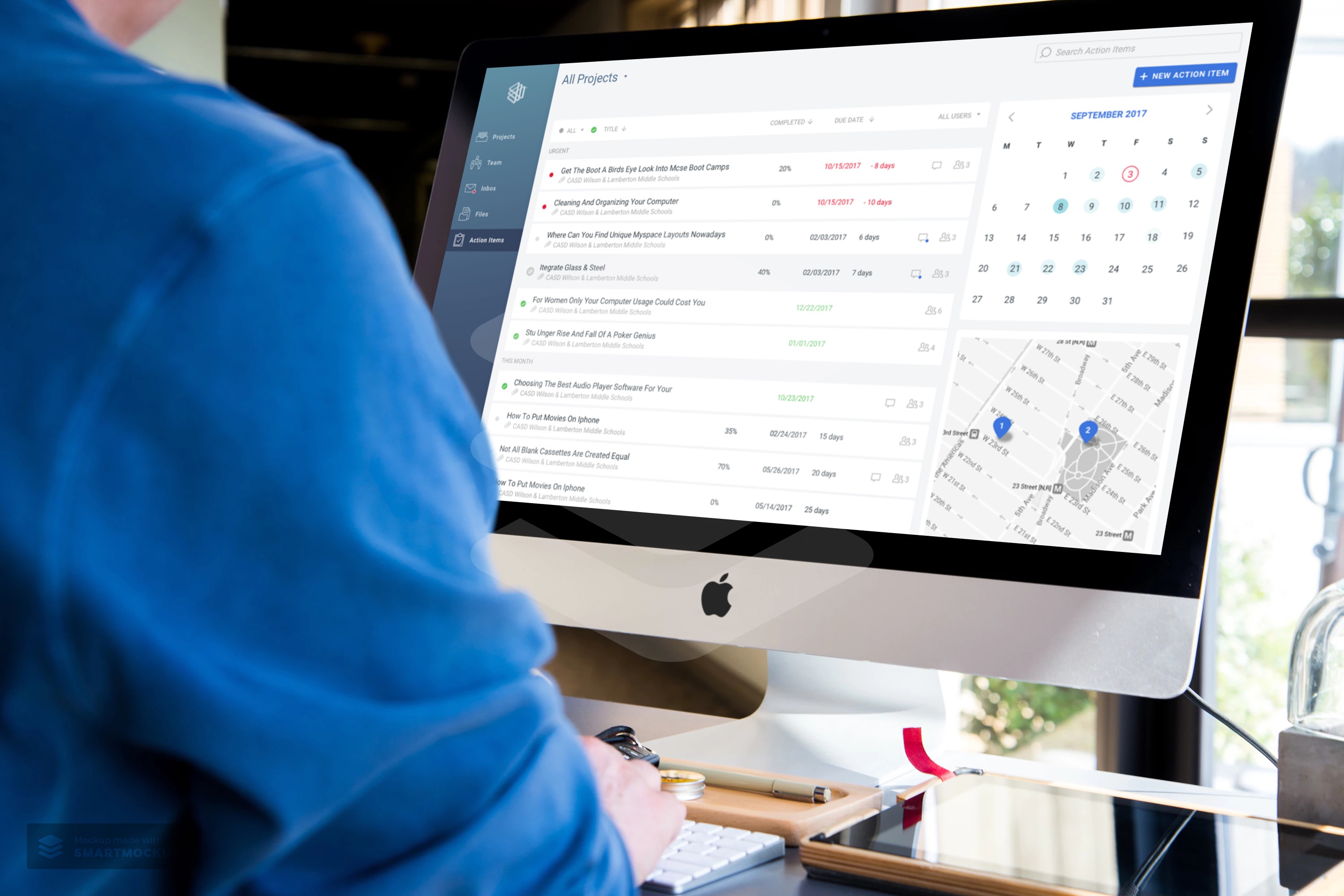 Newforma All Projects desktop dashboard showing project tracking, calendar, and location mapping on iMac