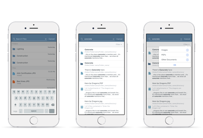 Newforma mobile app showing full-text search across project files and documents on three devices
