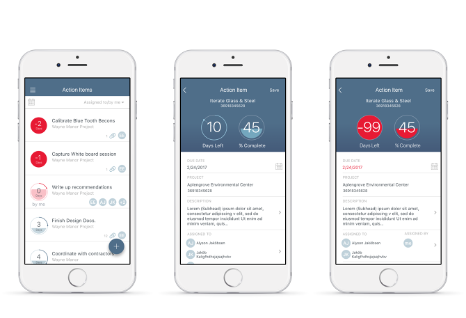 Newforma mobile app showing action items list, task details with deadlines, and completion tracking across three devices