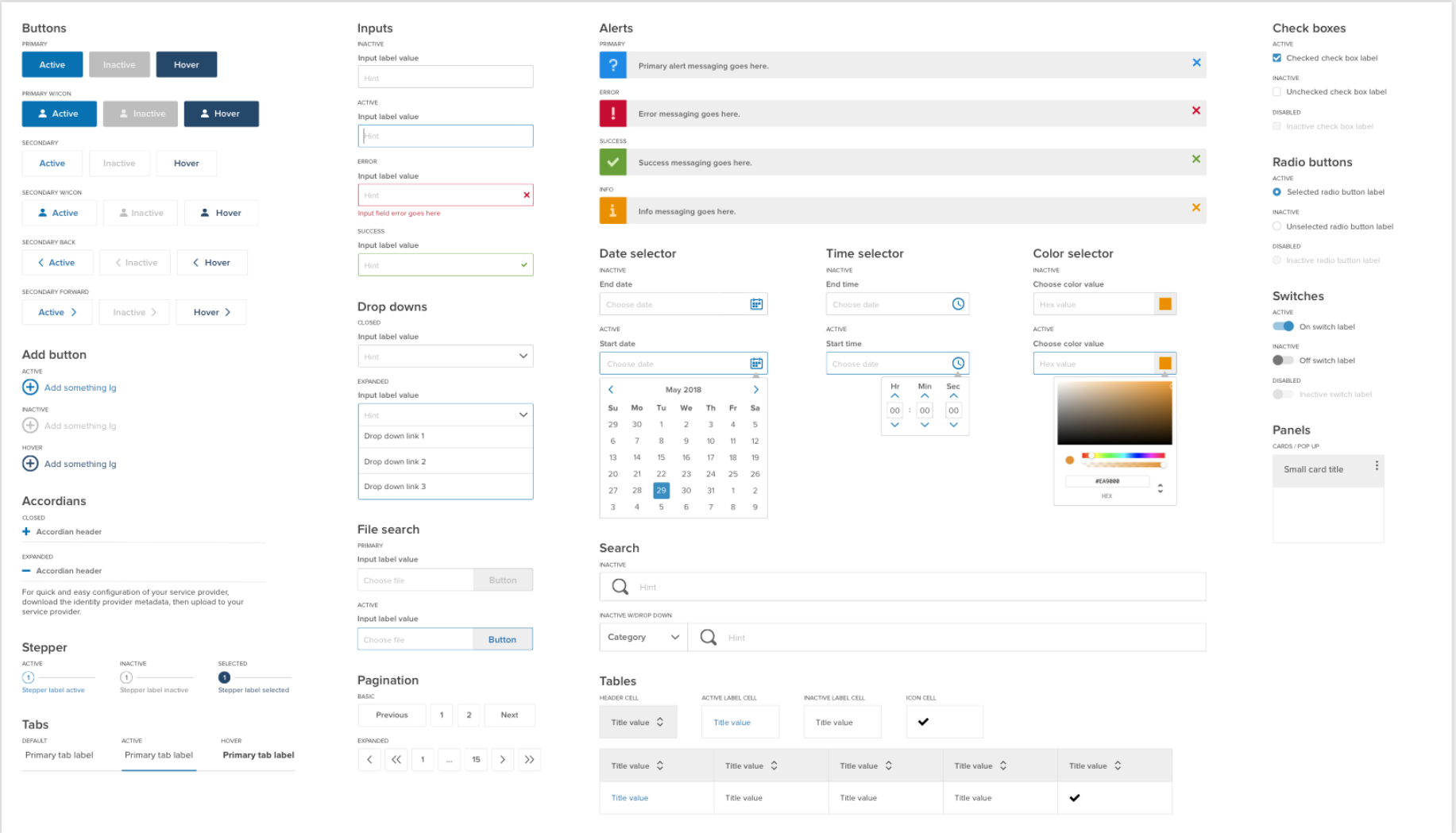 Imprivata design system component library showing buttons, inputs, alerts, date selectors, tables, and other UI elements
