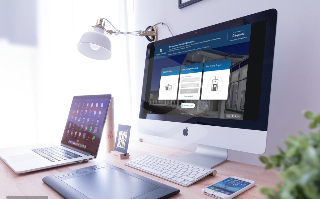 Imprivata OneSign Experience displayed on iMac workstation showing badge tap, credentials, and fingerprint authentication